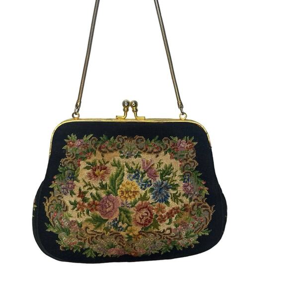 Vintage Tapestry Black Floral Needlepoint Purse Clutch Chain Strap Kiss Clasp - Picture 5 of 7